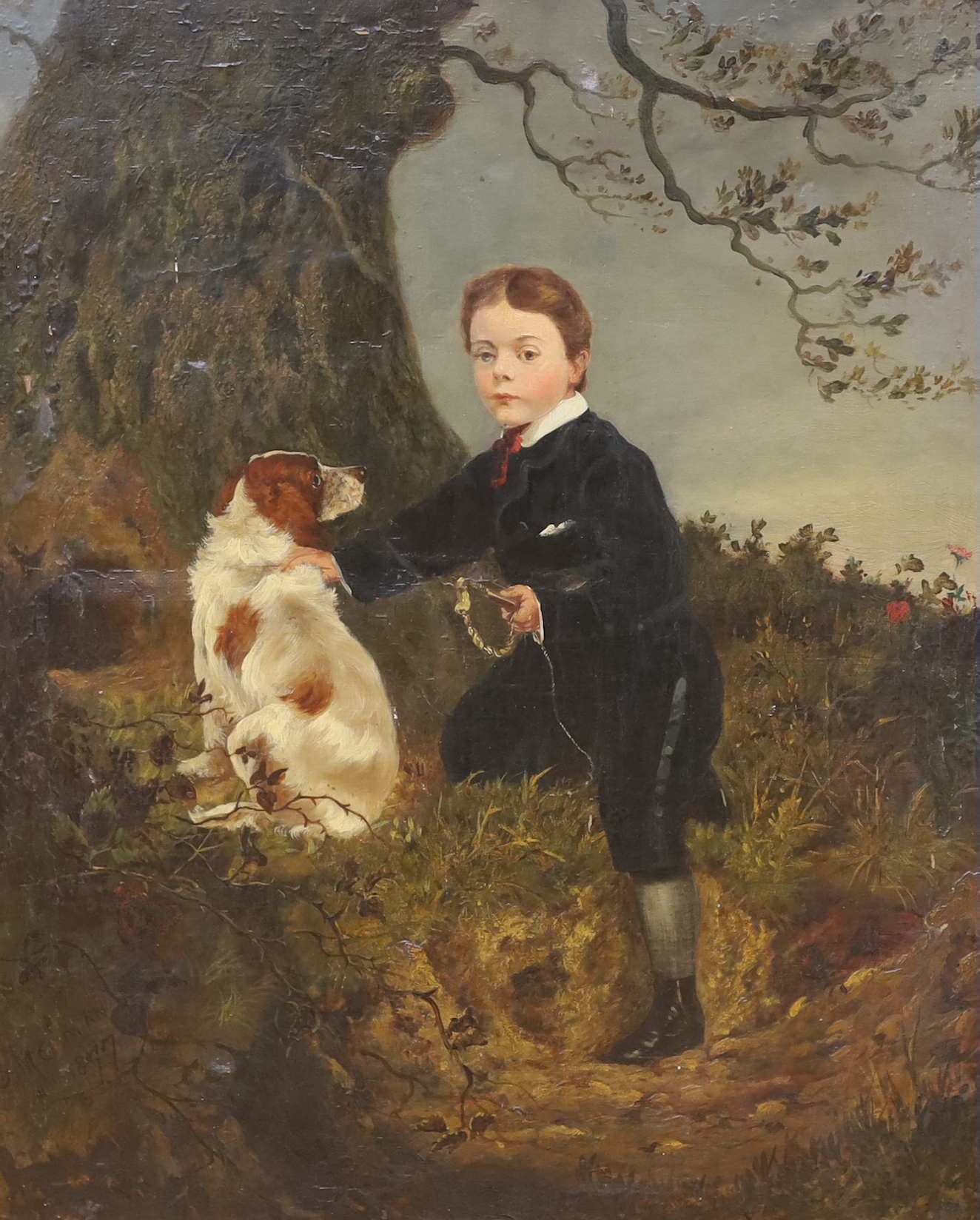 Victorian School, oil on canvas, Boy with his dog before a landscape, indistinctly signed and dated 1877, 60 x 50cm